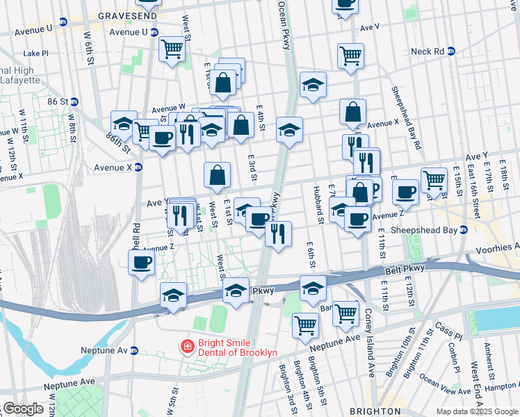 map of restaurants, bars, coffee shops, grocery stores, and more near 2514 Ocean Parkway in Brooklyn