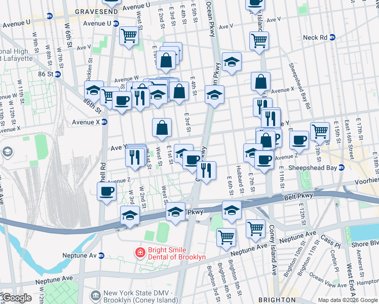 map of restaurants, bars, coffee shops, grocery stores, and more near 2514 Ocean Parkway in Brooklyn
