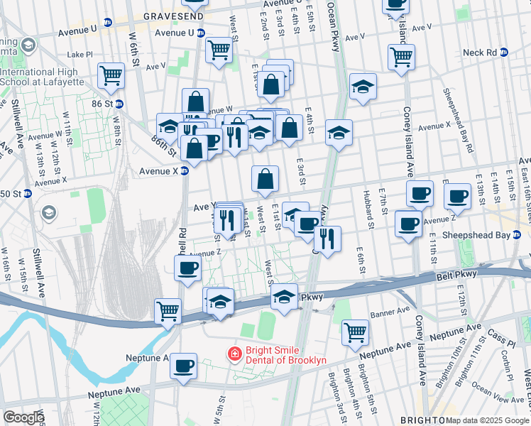 map of restaurants, bars, coffee shops, grocery stores, and more near 447 Avenue Y in Brooklyn