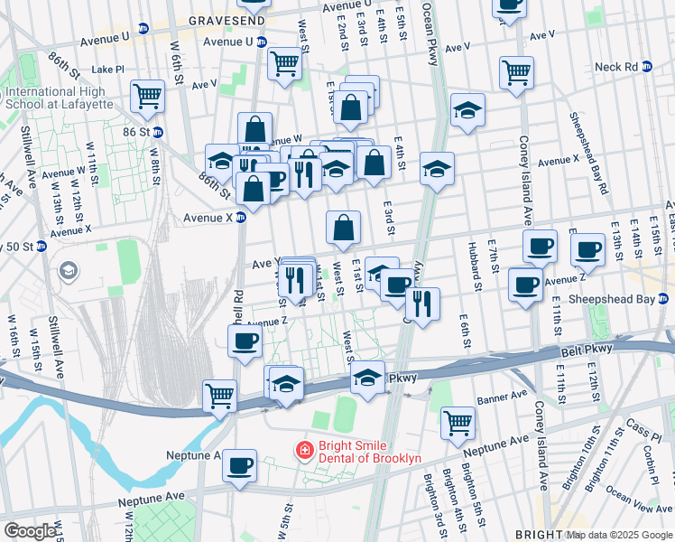 map of restaurants, bars, coffee shops, grocery stores, and more near 447 Avenue Y in Brooklyn