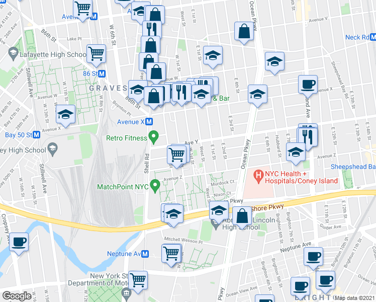 map of restaurants, bars, coffee shops, grocery stores, and more near 2482 West 1st Street in Brooklyn