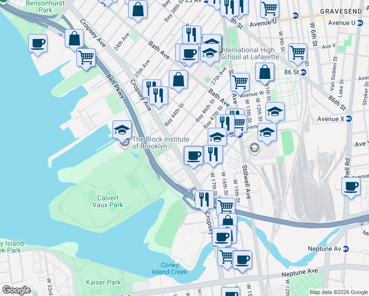 map of restaurants, bars, coffee shops, grocery stores, and more near 206 Bay 46th Street in Brooklyn