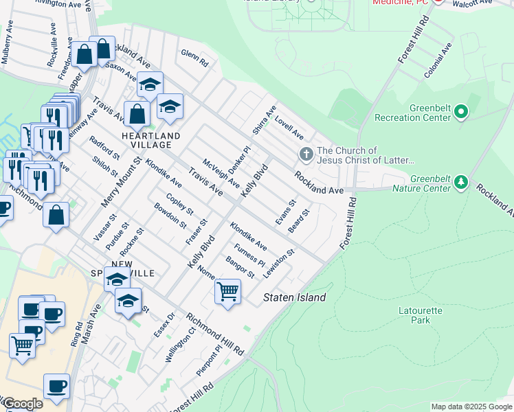 map of restaurants, bars, coffee shops, grocery stores, and more near 81 McVeigh Avenue in Staten Island