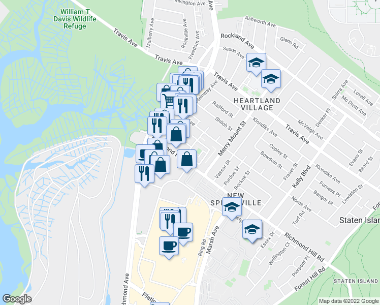 map of restaurants, bars, coffee shops, grocery stores, and more near 23 Stratford Court in Staten Island