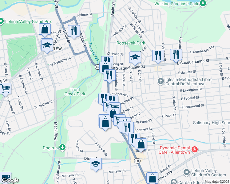 map of restaurants, bars, coffee shops, grocery stores, and more near 1320 South Meadow Street in Allentown