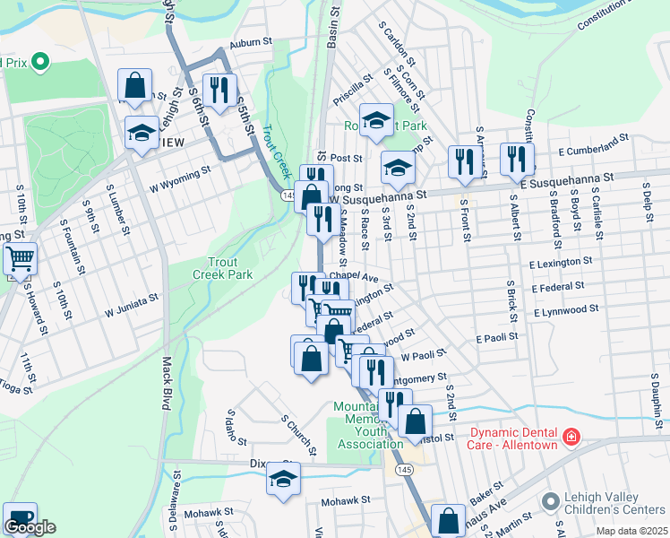 map of restaurants, bars, coffee shops, grocery stores, and more near 1320 South Meadow Street in Allentown
