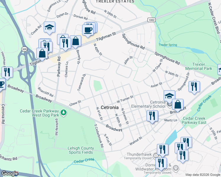 map of restaurants, bars, coffee shops, grocery stores, and more near 315 North Scenic Street in Allentown