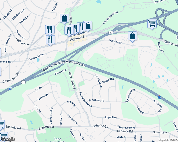 map of restaurants, bars, coffee shops, grocery stores, and more near 515 Wild Mint Lane in Allentown