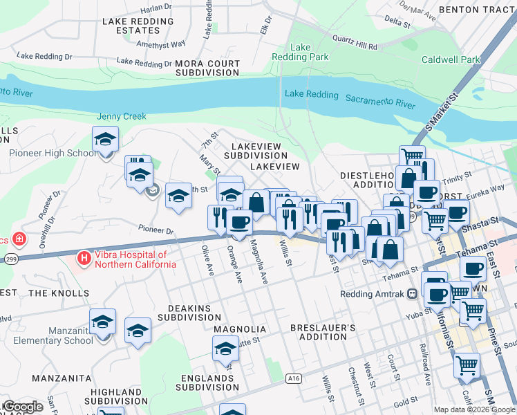 map of restaurants, bars, coffee shops, grocery stores, and more near 1990 Tenth Street in Redding