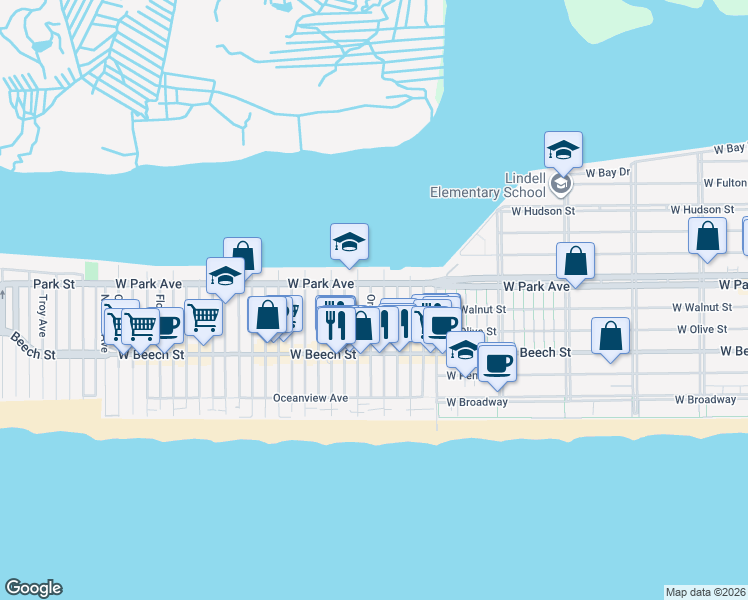 map of restaurants, bars, coffee shops, grocery stores, and more near 853 West Park Avenue in Long Beach