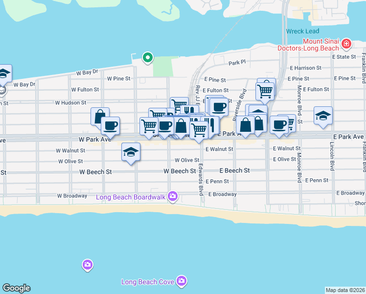 map of restaurants, bars, coffee shops, grocery stores, and more near 47 West Walnut Street in Long Beach
