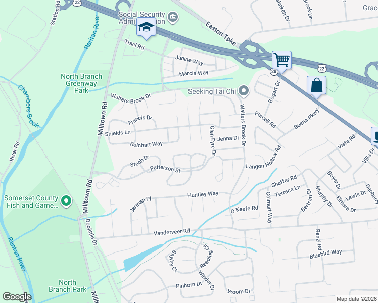 map of restaurants, bars, coffee shops, grocery stores, and more near 58 Reinhart Way in Bridgewater Township