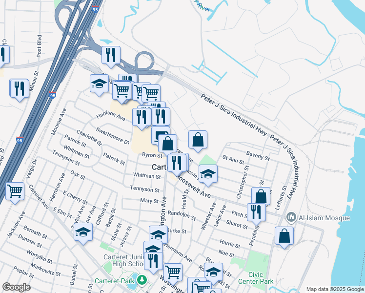 map of restaurants, bars, coffee shops, grocery stores, and more near 64 Grant Avenue in Carteret