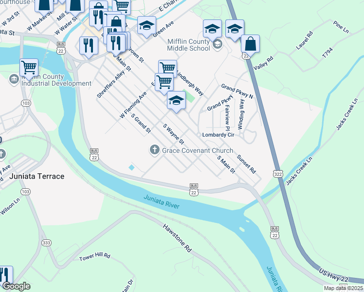 map of restaurants, bars, coffee shops, grocery stores, and more near 706 South Wayne Street in Lewistown
