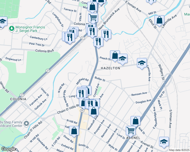 map of restaurants, bars, coffee shops, grocery stores, and more near 1 Woodbine Avenue in Woodbridge Township