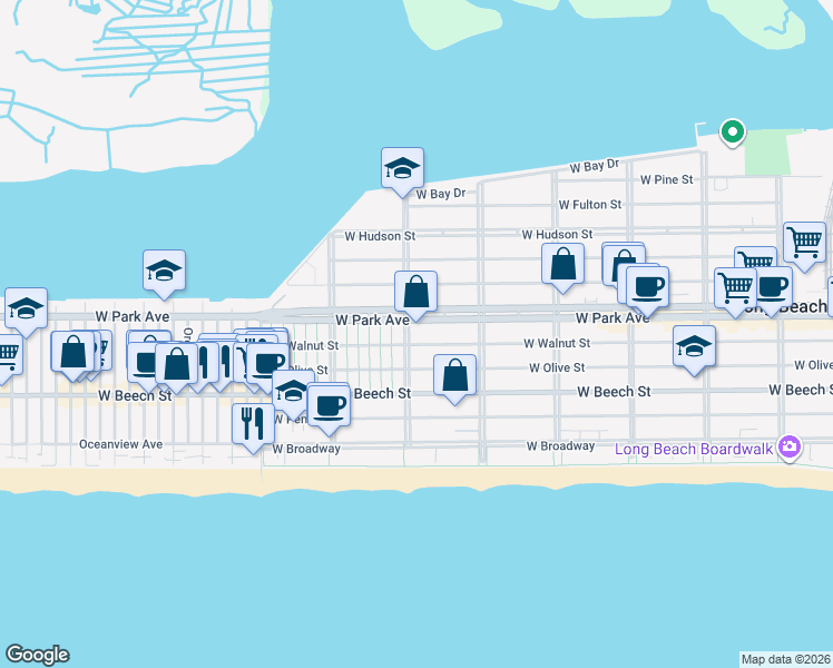 map of restaurants, bars, coffee shops, grocery stores, and more near in Long Beach