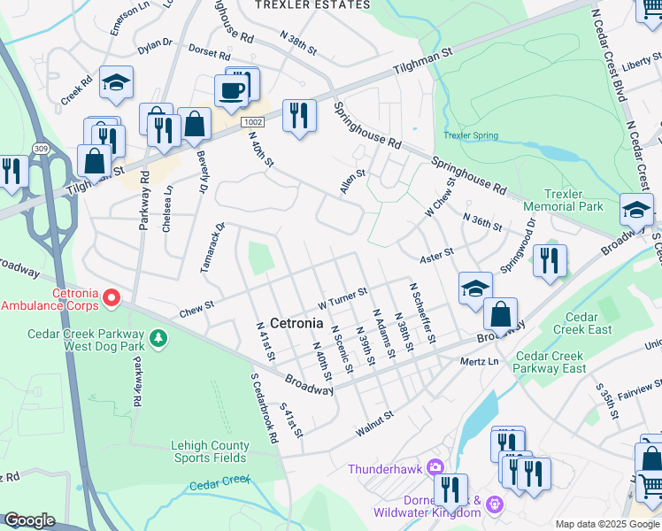 map of restaurants, bars, coffee shops, grocery stores, and more near 242 North 39th Street in Allentown