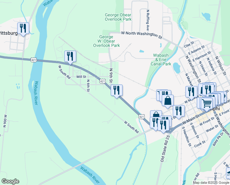 map of restaurants, bars, coffee shops, grocery stores, and more near 2949 Indiana 39 in Delphi