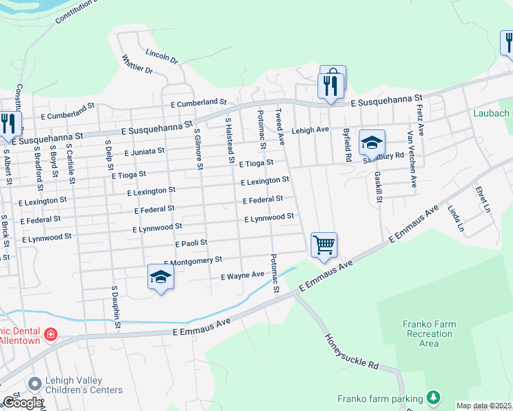 map of restaurants, bars, coffee shops, grocery stores, and more near 840 East Federal Street in Allentown