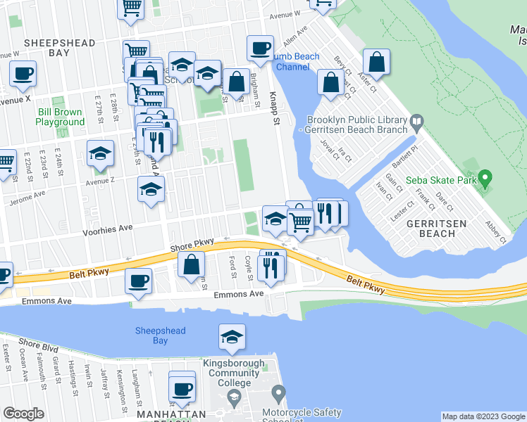 map of restaurants, bars, coffee shops, grocery stores, and more near 3080 Voorhies Avenue in Brooklyn