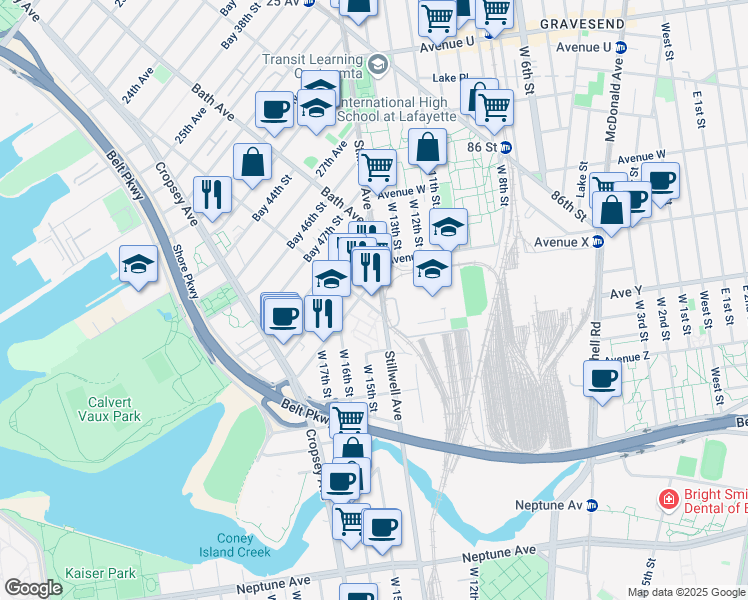map of restaurants, bars, coffee shops, grocery stores, and more near 2440 Stillwell Avenue in Brooklyn