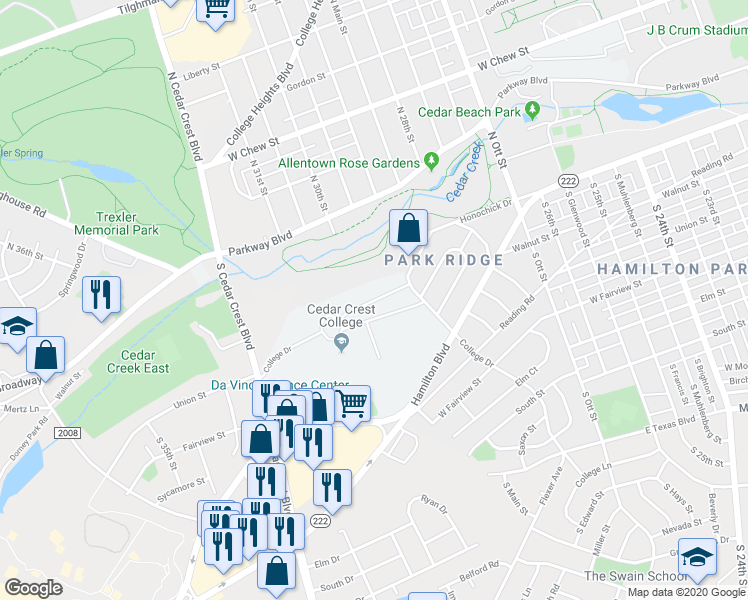 map of restaurants, bars, coffee shops, grocery stores, and more near North Quad Road in Allentown