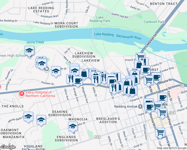 map of restaurants, bars, coffee shops, grocery stores, and more near 999 West Street in Redding