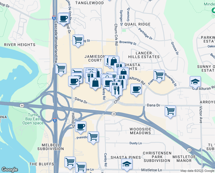 map of restaurants, bars, coffee shops, grocery stores, and more near 1260 Churn Creek Rd in Redding