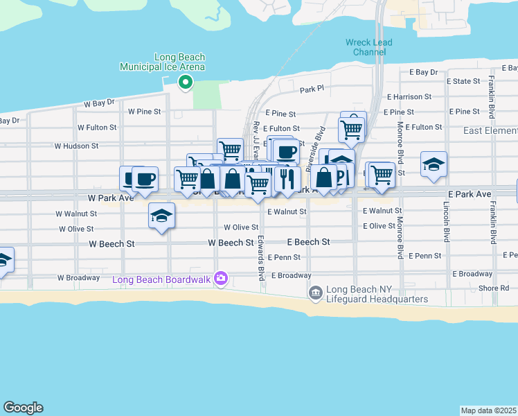 map of restaurants, bars, coffee shops, grocery stores, and more near 30 East Park Avenue in Long Beach