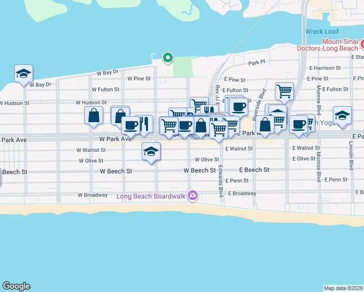 map of restaurants, bars, coffee shops, grocery stores, and more near 4653 West Park Avenue in Long Beach