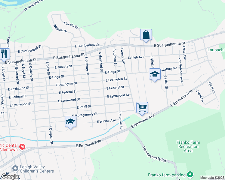 map of restaurants, bars, coffee shops, grocery stores, and more near 840 East Federal Street in Allentown