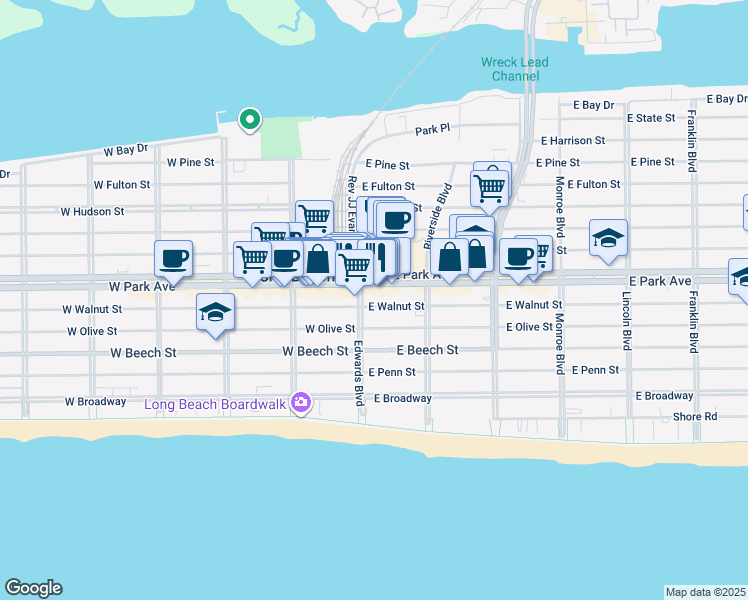 map of restaurants, bars, coffee shops, grocery stores, and more near 30a East Park Avenue in Long Beach