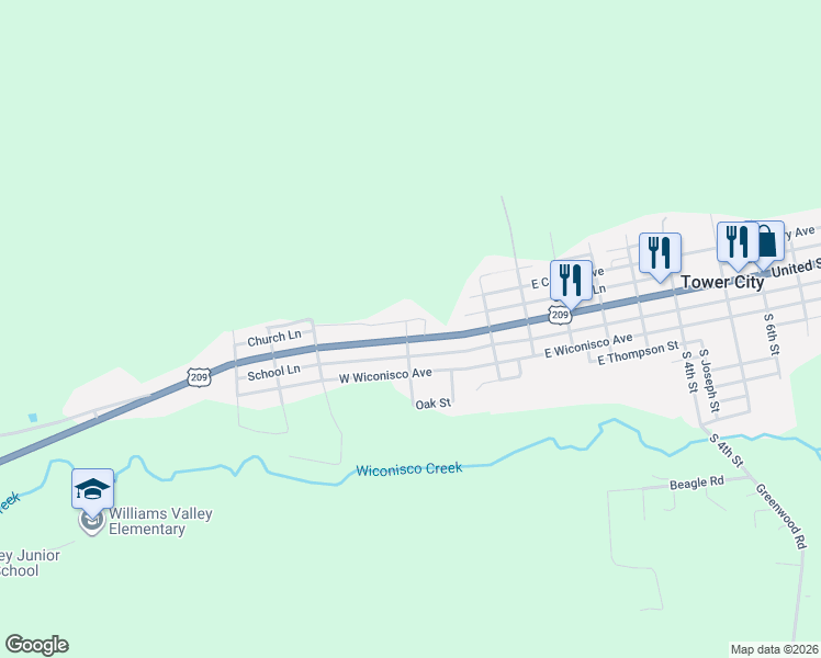 map of restaurants, bars, coffee shops, grocery stores, and more near 183 -185 East Grand Avenue in Tower City