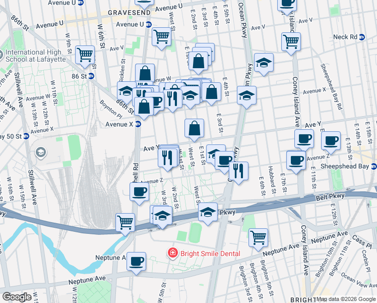 map of restaurants, bars, coffee shops, grocery stores, and more near 447 Avenue Y in Brooklyn