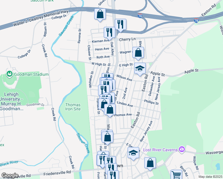 map of restaurants, bars, coffee shops, grocery stores, and more near 1315 Main Street in Hellertown