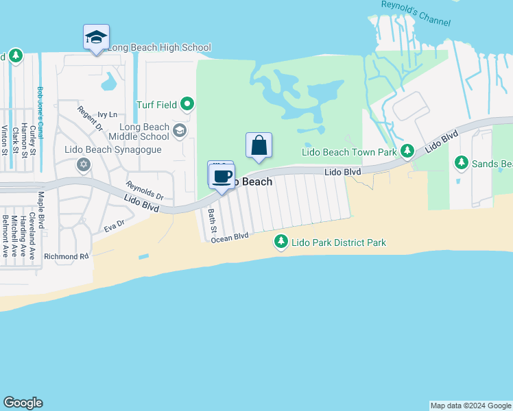 map of restaurants, bars, coffee shops, grocery stores, and more near 23 Matlock Street in Lido Beach