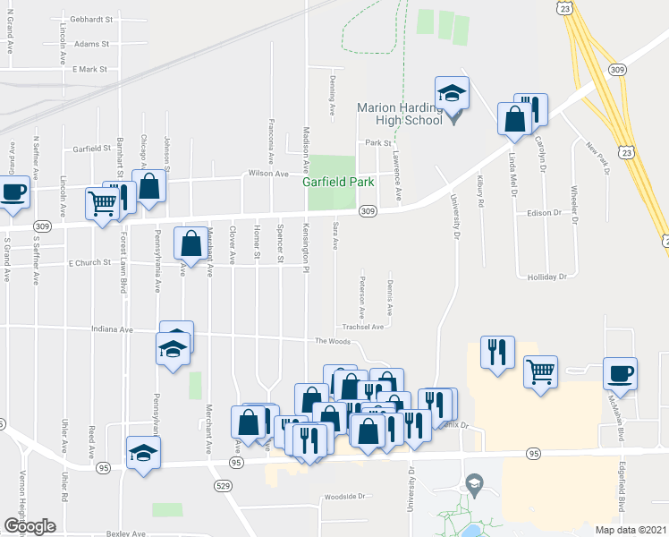 map of restaurants, bars, coffee shops, grocery stores, and more near 135 Sara Avenue in Marion