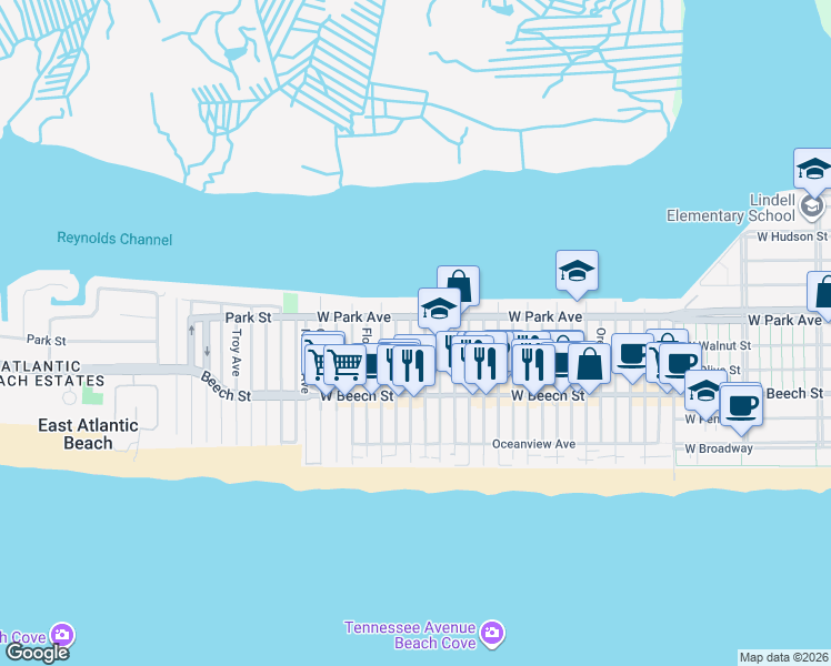 map of restaurants, bars, coffee shops, grocery stores, and more near 98 Indiana Avenue in Long Beach