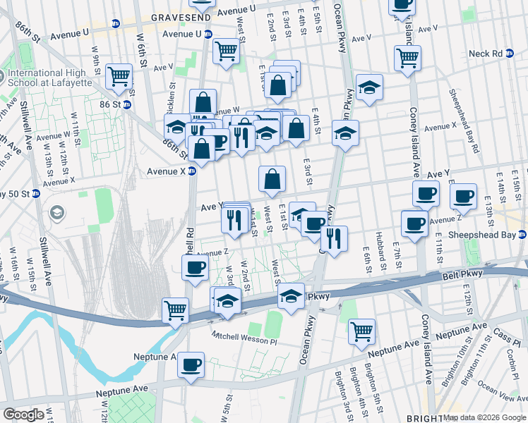 map of restaurants, bars, coffee shops, grocery stores, and more near 447 Avenue Y in Brooklyn