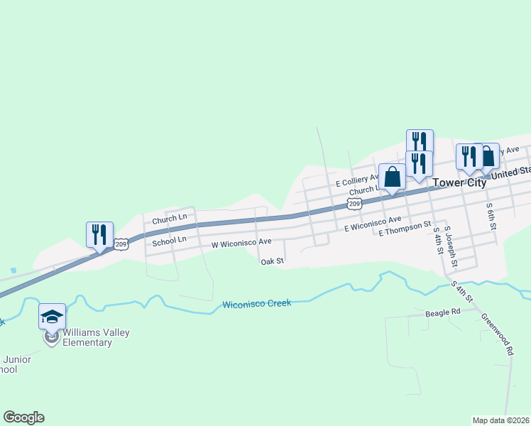 map of restaurants, bars, coffee shops, grocery stores, and more near 183 -185 East Grand Avenue in Tower City