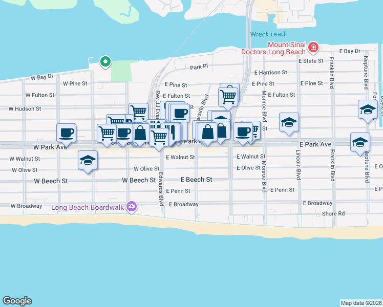 map of restaurants, bars, coffee shops, grocery stores, and more near 369-389 Riverside Boulevard in Long Beach