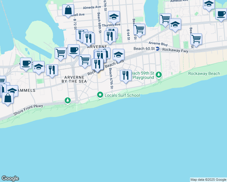 map of restaurants, bars, coffee shops, grocery stores, and more near 6529 Seaspray Avenue in Queens