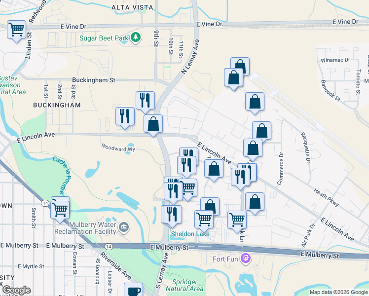 map of restaurants, bars, coffee shops, grocery stores, and more near 1245 East Lincoln Avenue in Fort Collins