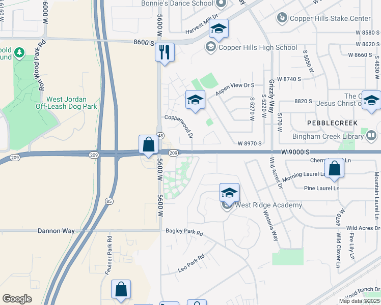 map of restaurants, bars, coffee shops, grocery stores, and more near 8952 Copperwood Drive in West Jordan