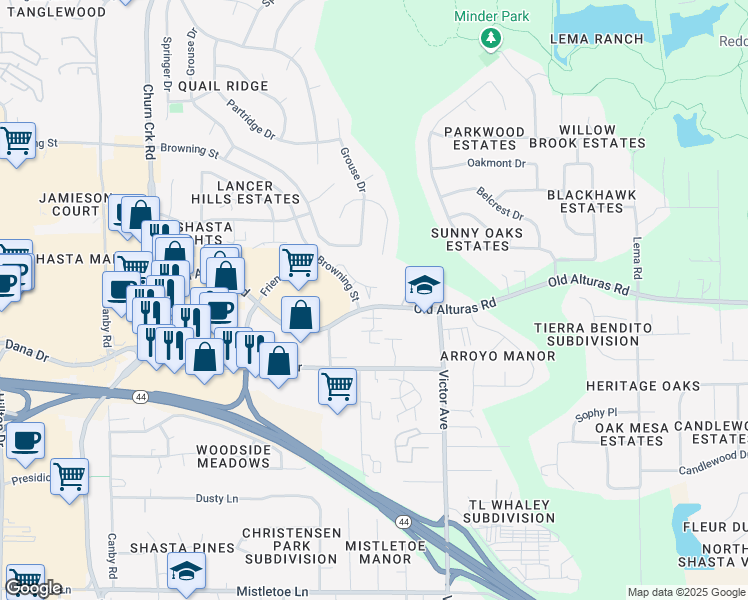 map of restaurants, bars, coffee shops, grocery stores, and more near 1186 Old Alturas Road in Redding