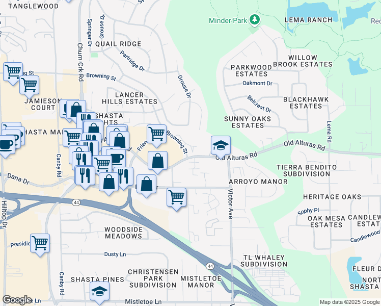 map of restaurants, bars, coffee shops, grocery stores, and more near 1186 Old Alturas Road in Redding