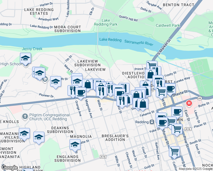 map of restaurants, bars, coffee shops, grocery stores, and more near 1030 North Court Street in Redding