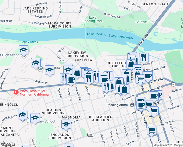 map of restaurants, bars, coffee shops, grocery stores, and more near 1030 North Court Street in Redding