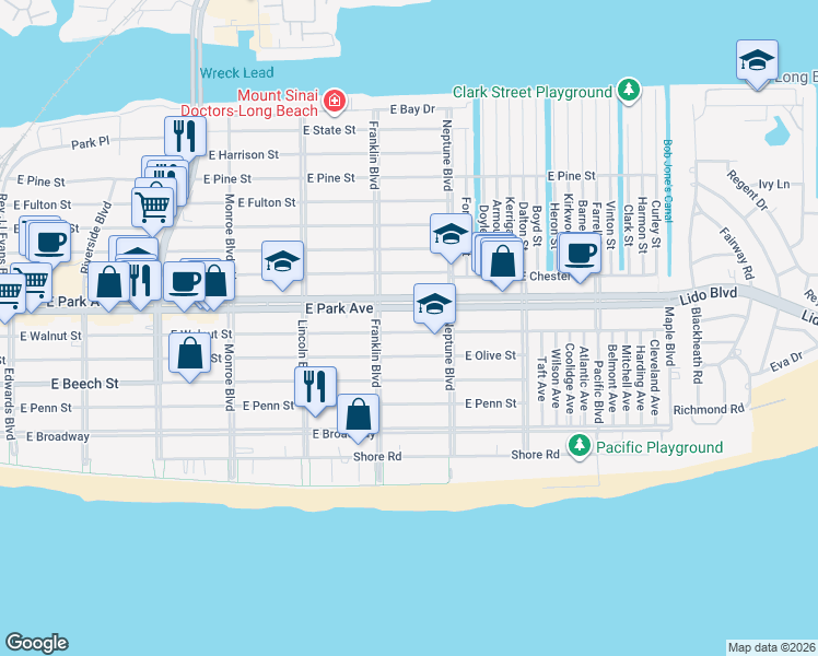 map of restaurants, bars, coffee shops, grocery stores, and more near 530 East Park Avenue in Long Beach