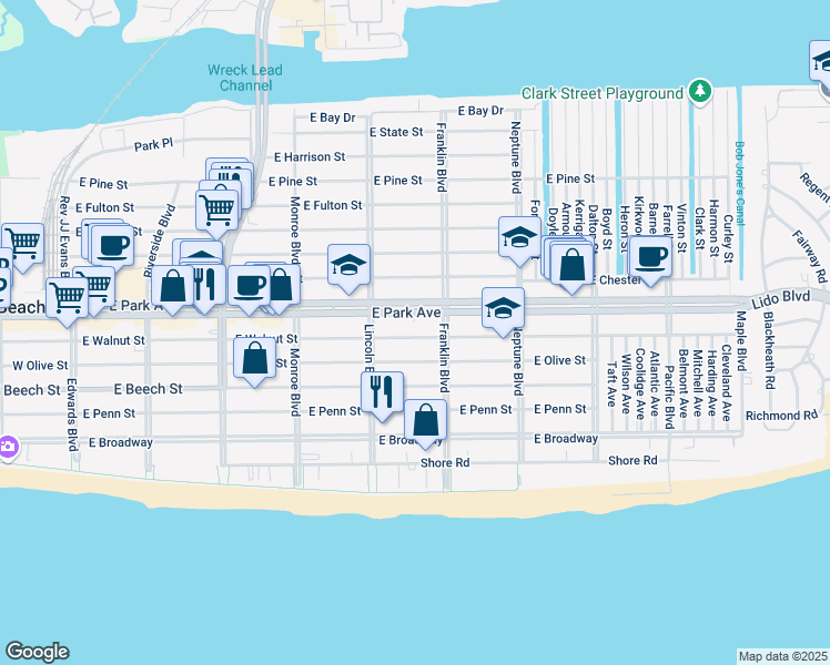 map of restaurants, bars, coffee shops, grocery stores, and more near 430 East Park Avenue in Long Beach